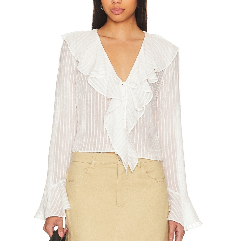 Steve Madden White Ruffled V-Neck Sheer Blouse